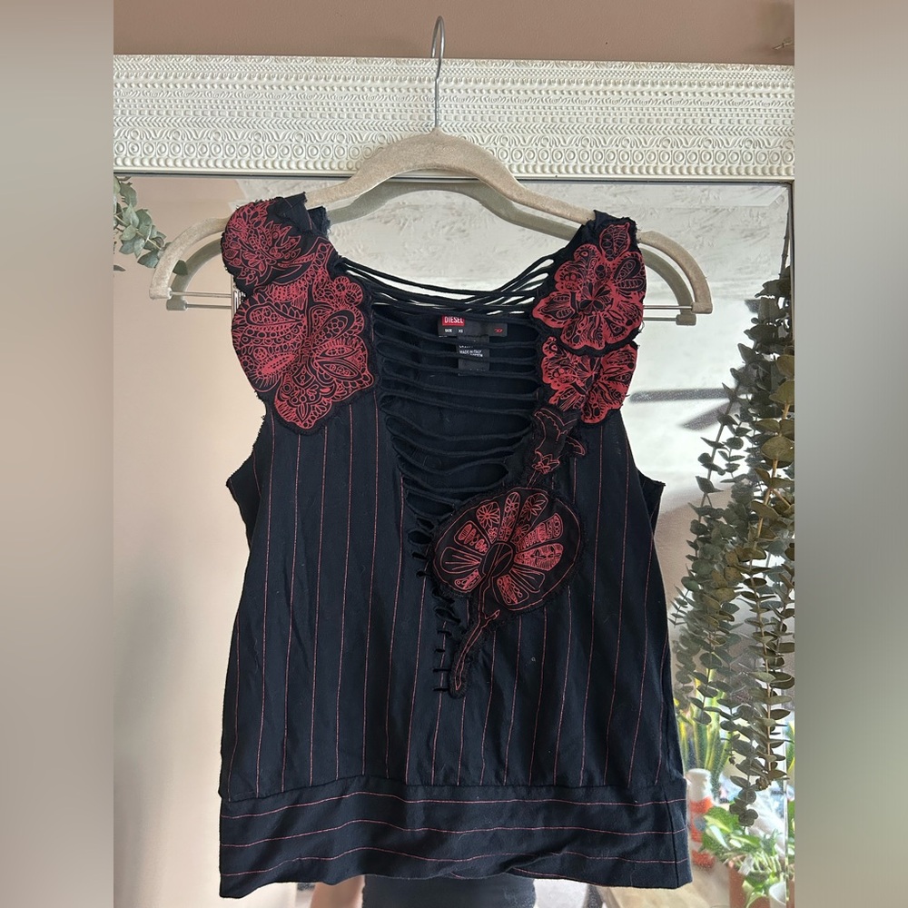 y2k pinstripe and floral Diesel top